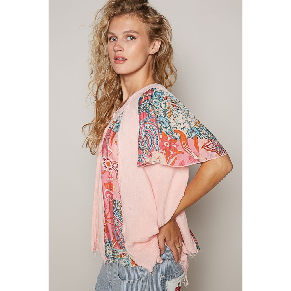 Pol Pink Patchwork Short Sleeve Top Button Neck - image 4